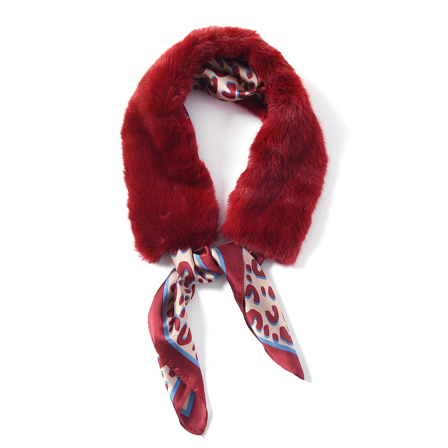 Wine Faux Fur Scarf (58x10cm) with Burgundy Leopard Print Satin Scarf (70x70cm)