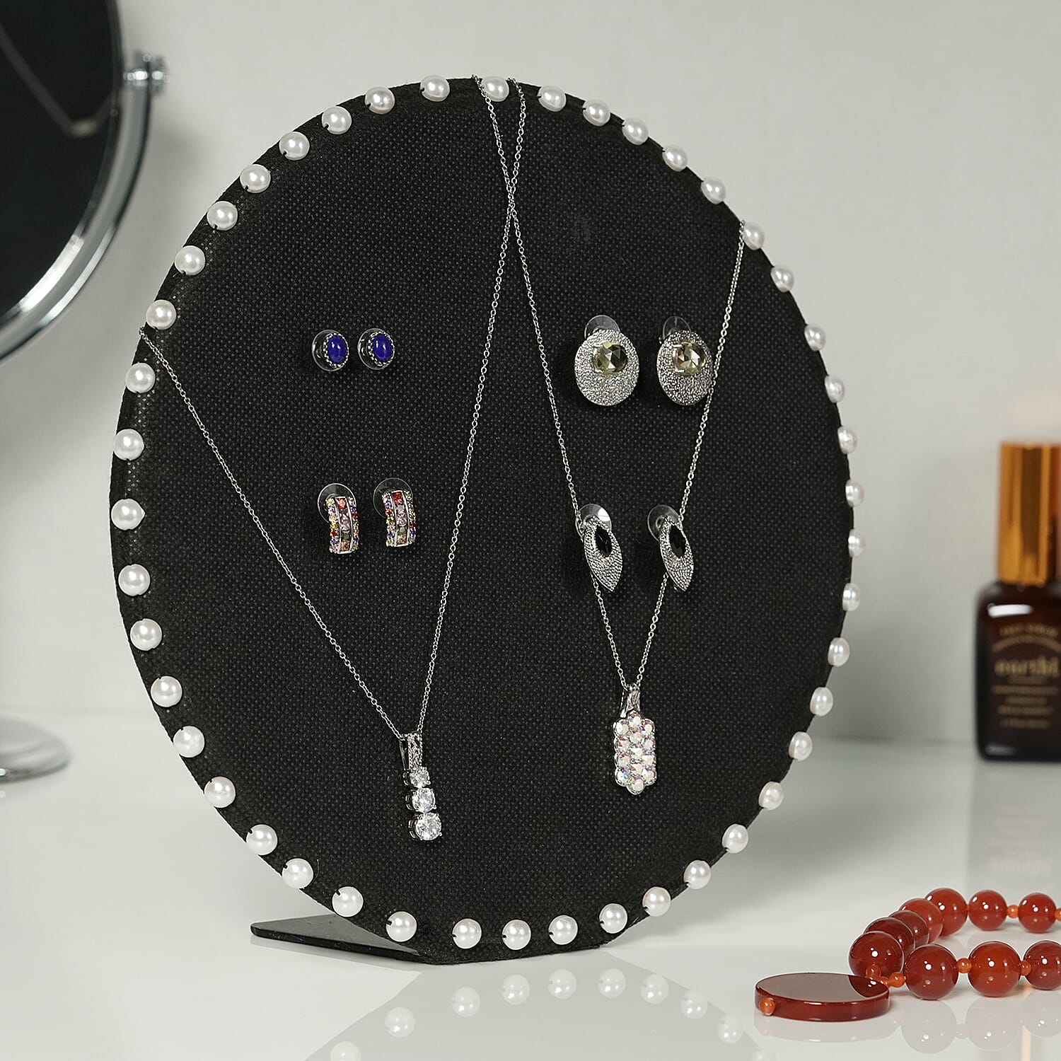 Table & Wall Jewellery Holder with Beaded Border (Colour- Black; Dimension- 25.5 x 25.5 x 7 cm.; Weight- Approx 550 grms.)