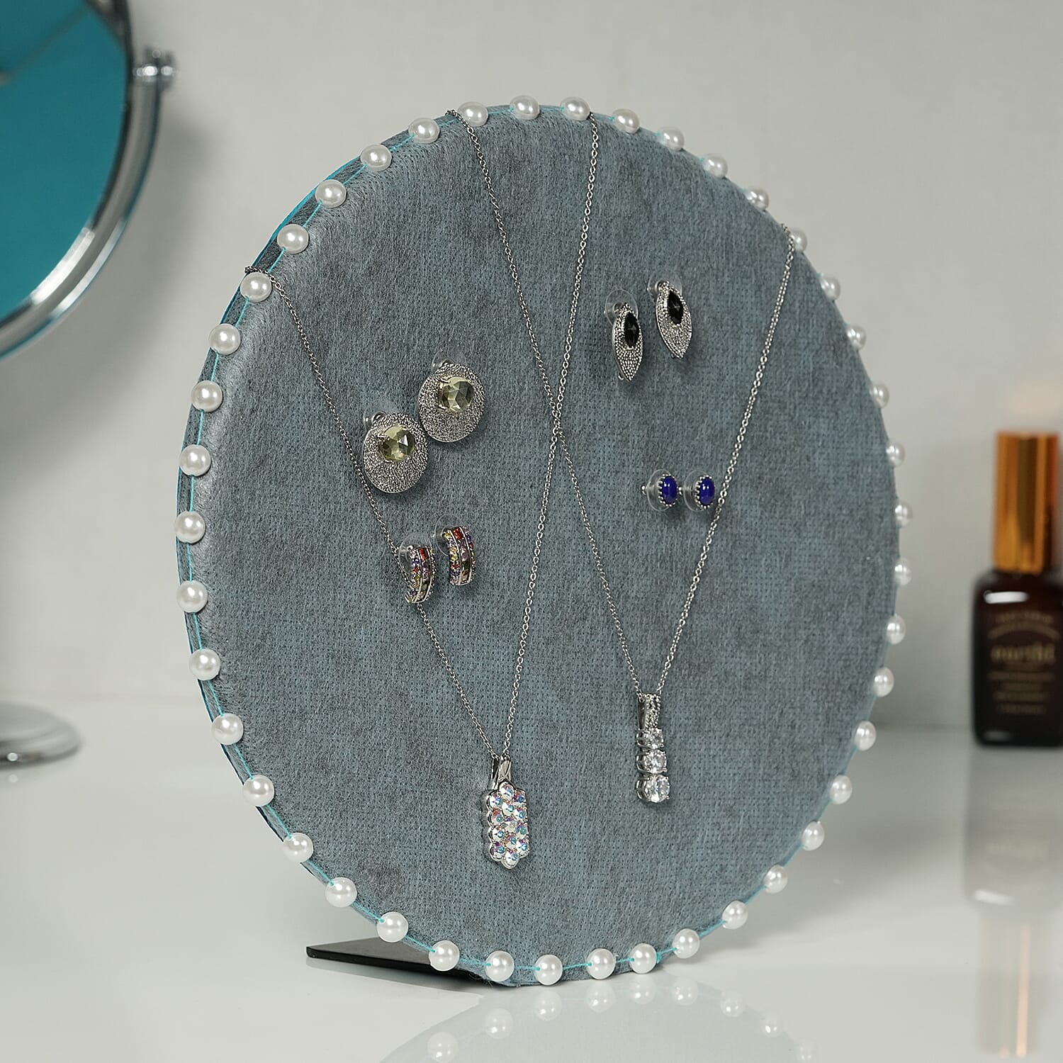 Table & Wall Jewellery Holder with Beaded Border (Colour- Blue; Dimension- 25.5 x 25.5 x 7 cm.; Weight- Approx 550 grms.)