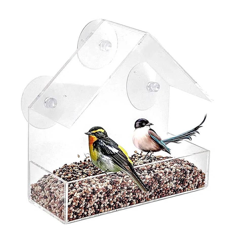 Transparent Acrylic Bird Feeder with Fixed Tray and 3 Suction Cups