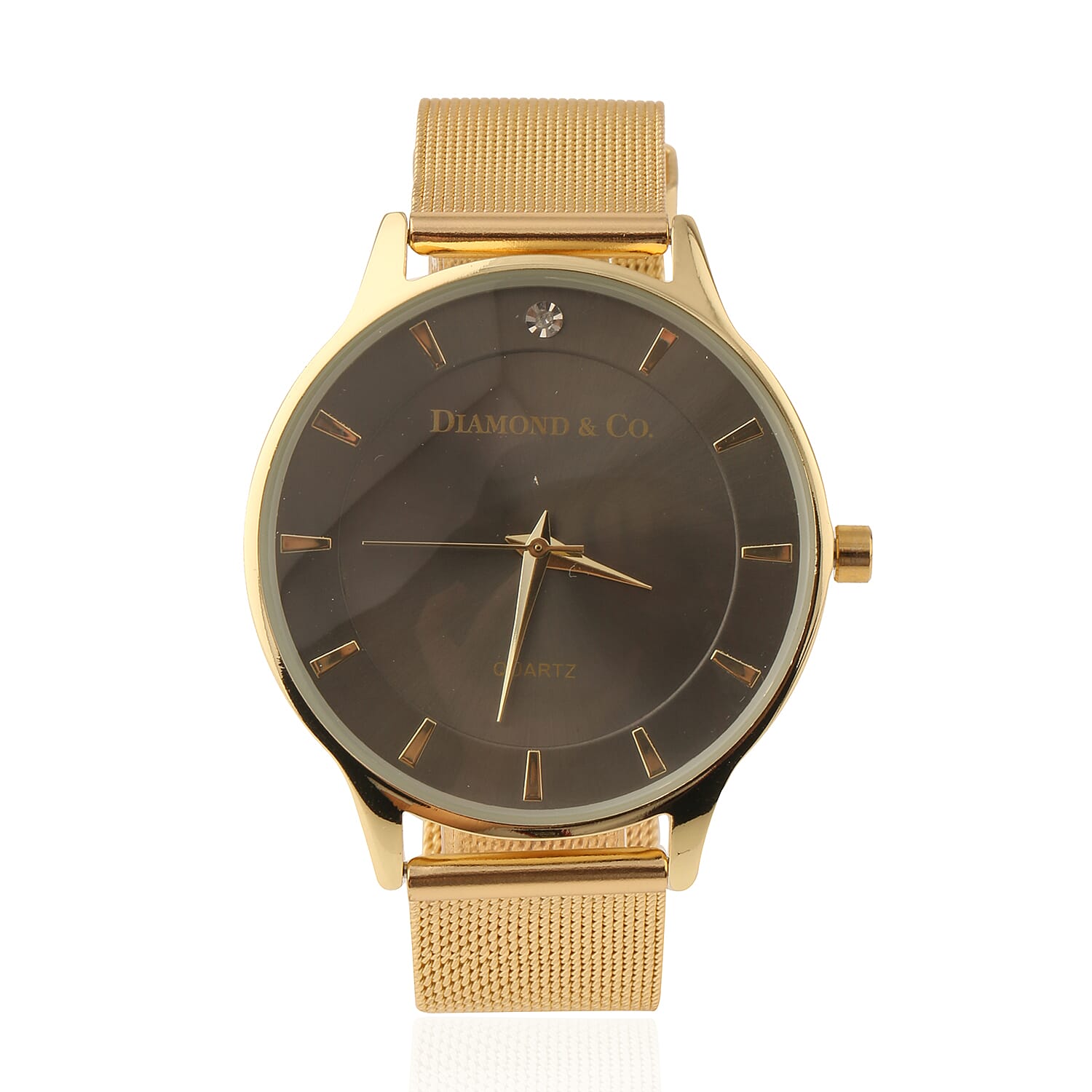 DIAMOND and CO LONDON Diamond Studded White Dial Bracelet Watch with a Stainless Steel Mesh Style Strap in Gold Tone