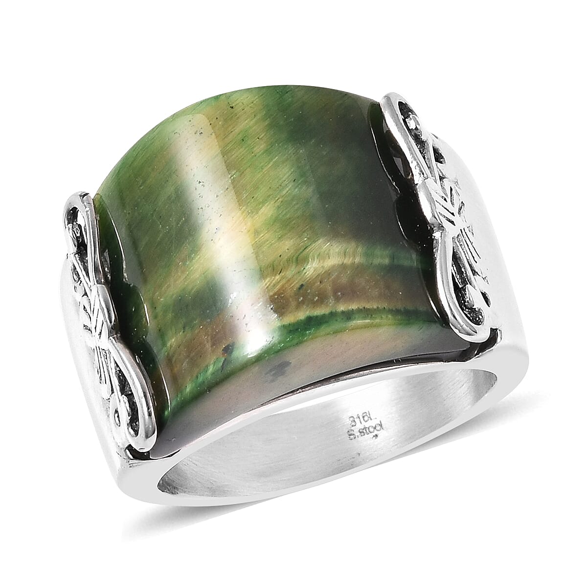 Green Tiger Eye Band Ring in Stainless Steel 25.00 Ct