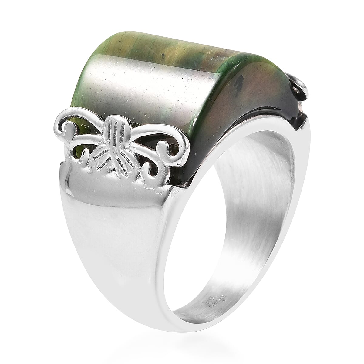 Green Tiger Eye Band Ring in Stainless Steel 25.00 Ct