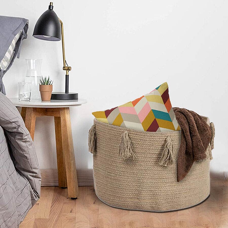 100% Cotton Braided Multipurpose Beige Basket With Tassels 45x45x30cm