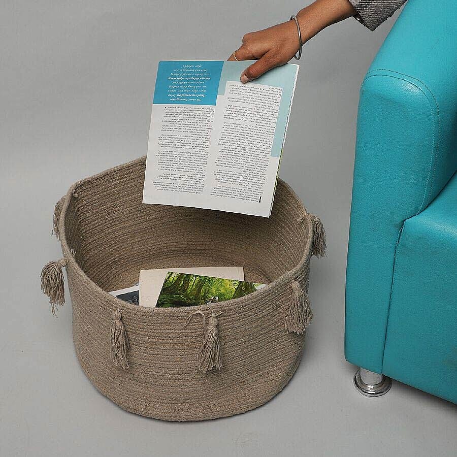100% Cotton Braided Multipurpose Beige Basket With Tassels 45x45x30cm