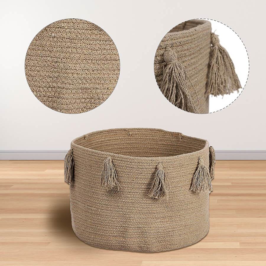 100% Cotton Braided Multipurpose Beige Basket With Tassels 45x45x30cm