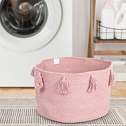 100% Cotton Braided Multipurpose Blush Basket With Tassels (45x45x30cm)