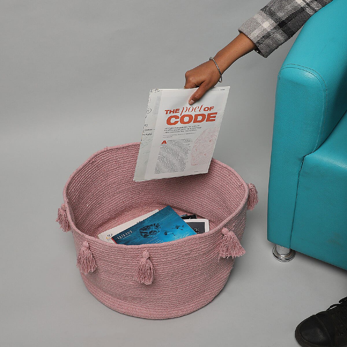 100% Cotton Braided Multipurpose Beige Basket With Tassels 45x45x30cm