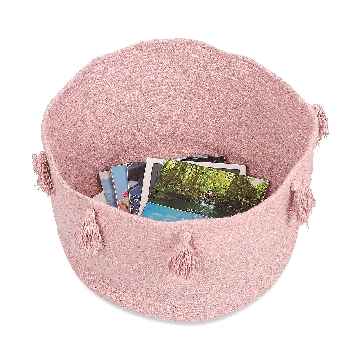 100% Cotton Braided Multipurpose Beige Basket With Tassels 45x45x30cm