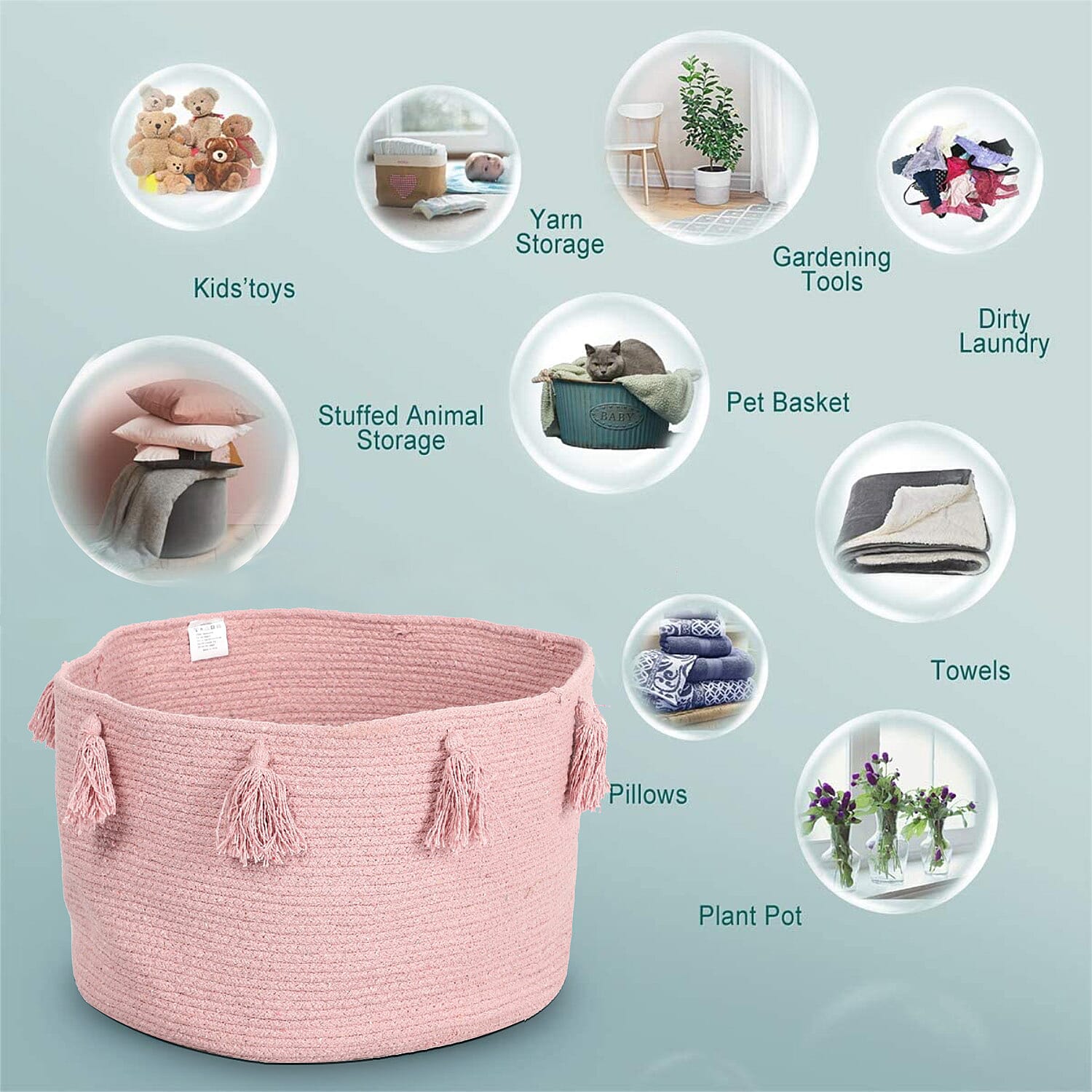 100% Cotton Braided Multipurpose Beige Basket With Tassels 45x45x30cm