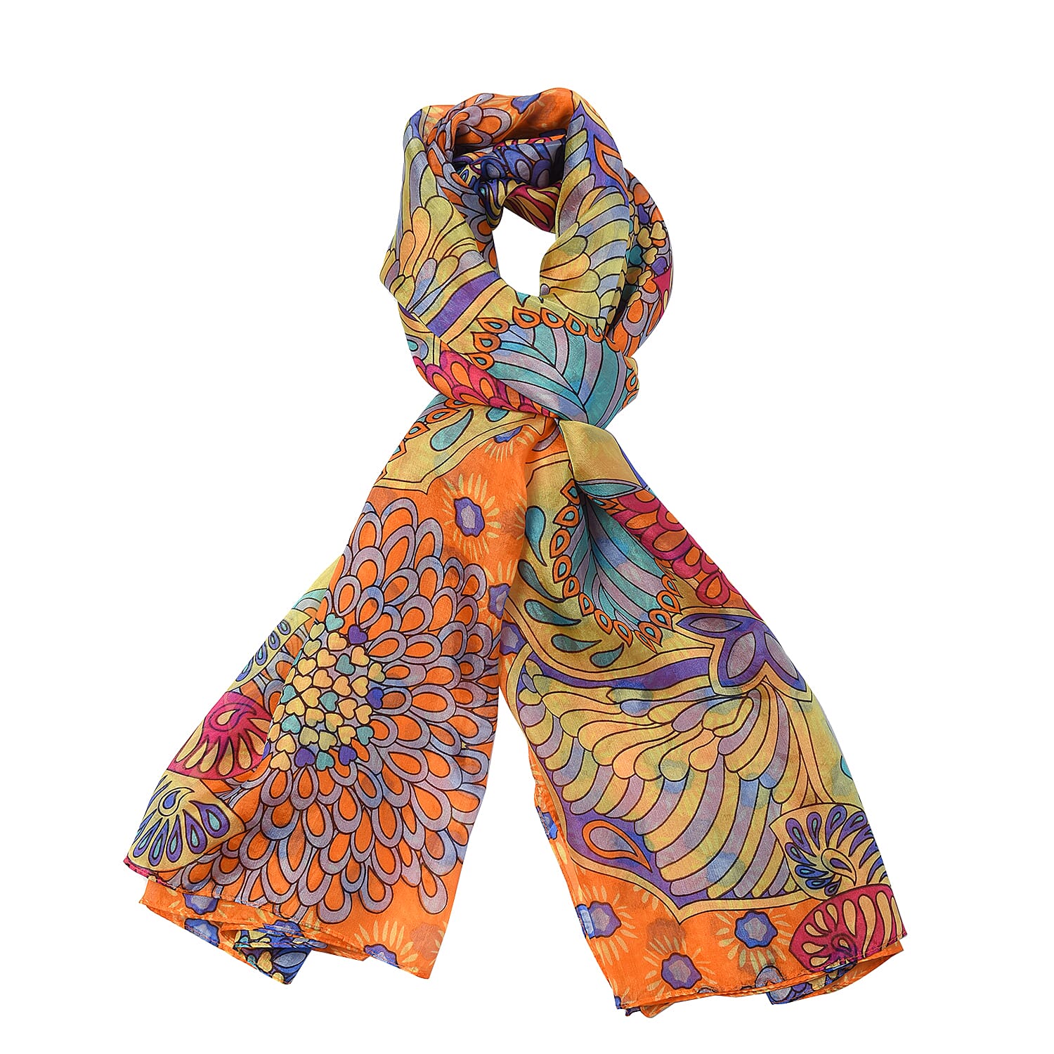 100% Mulberry Silk Garden Themed Pattern Scarf (Size 180x110Cm) - Orange and Multi