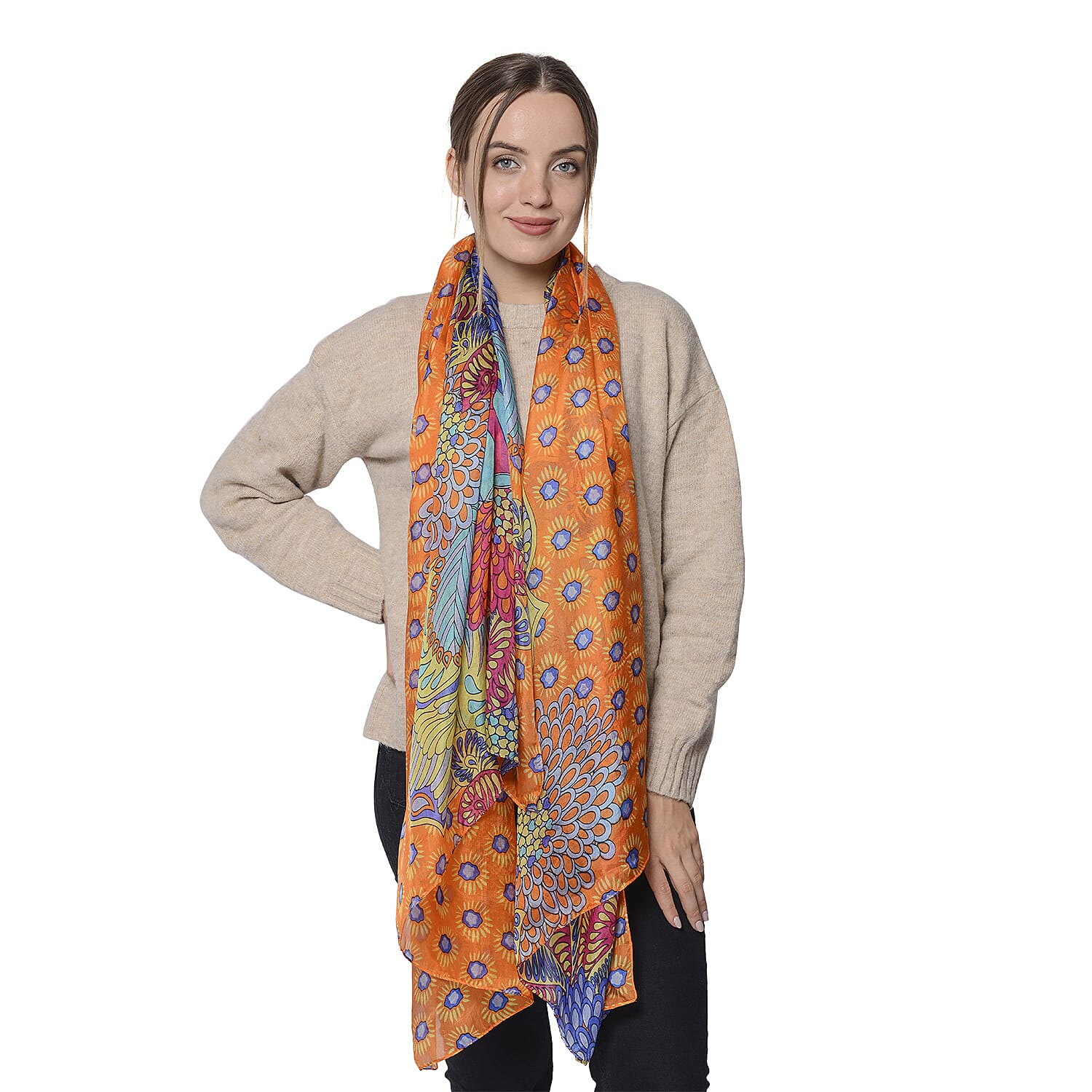 100% Mulberry Silk Garden Themed Pattern Scarf (Size 180x110Cm) - Orange and Multi