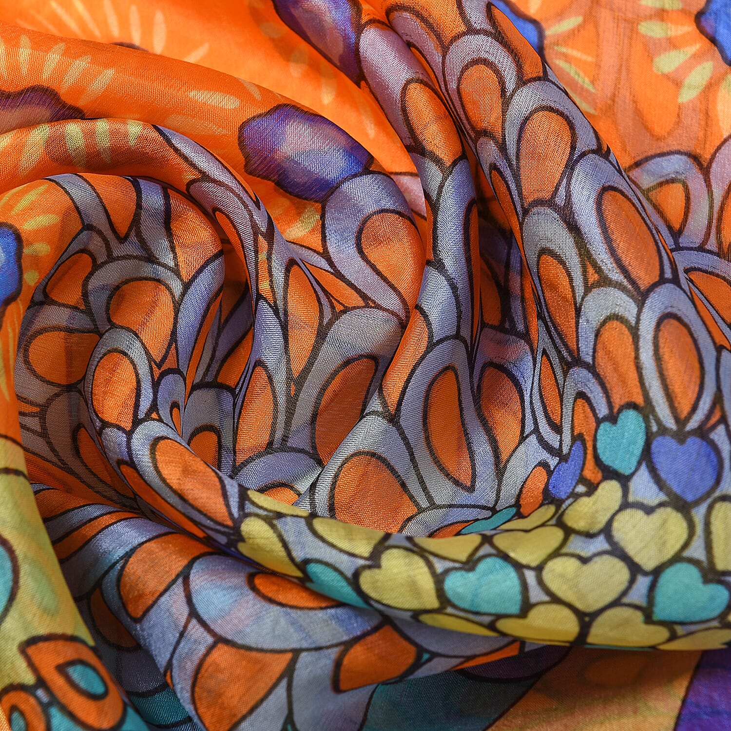 100% Mulberry Silk Garden Themed Pattern Scarf (Size 180x110Cm) - Orange and Multi