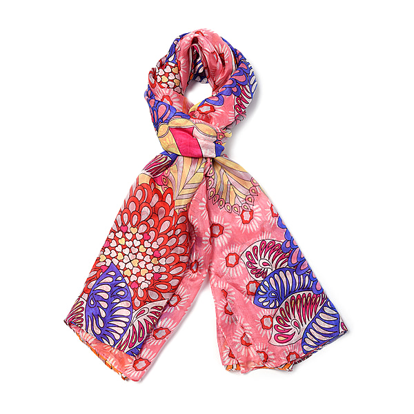 100% Mulberry Silk Garden Themed Pattern Scarf in Pink and Multi Colour ...