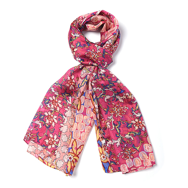 100% Mulberry Silk Floral Vine Pattern Scarf in Red and Orange Colour ...