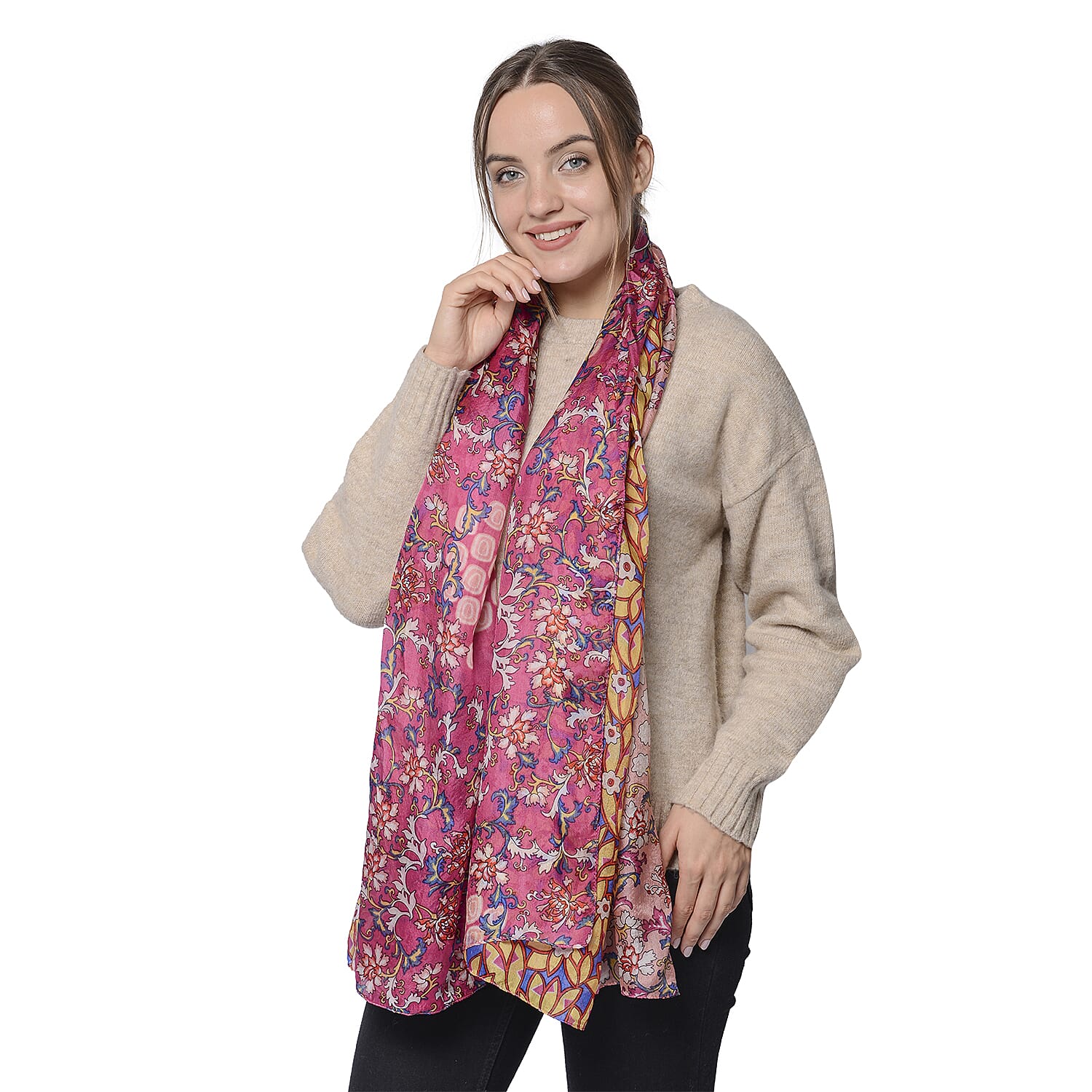 LA MAREY 100% Mulberry Silk Floral Vine Pattern Scarf (Size 180x110Cm) - Red and Orange