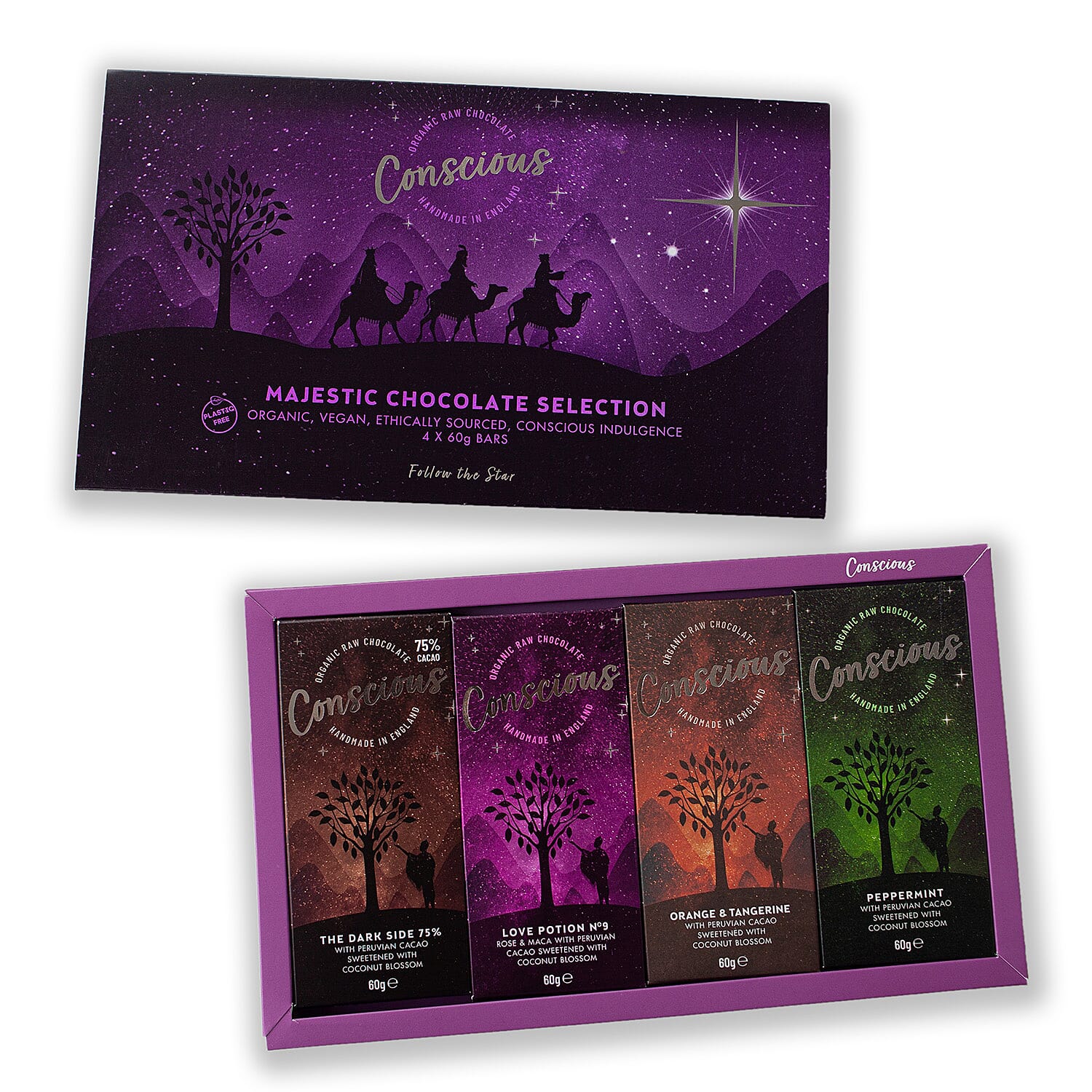 The Raw Chocolate Company Majestic Selection Box (4 x 60g Bars - Peppermint, Orange & Tangerine, Love Potion No. 9, Dark Side 75%)