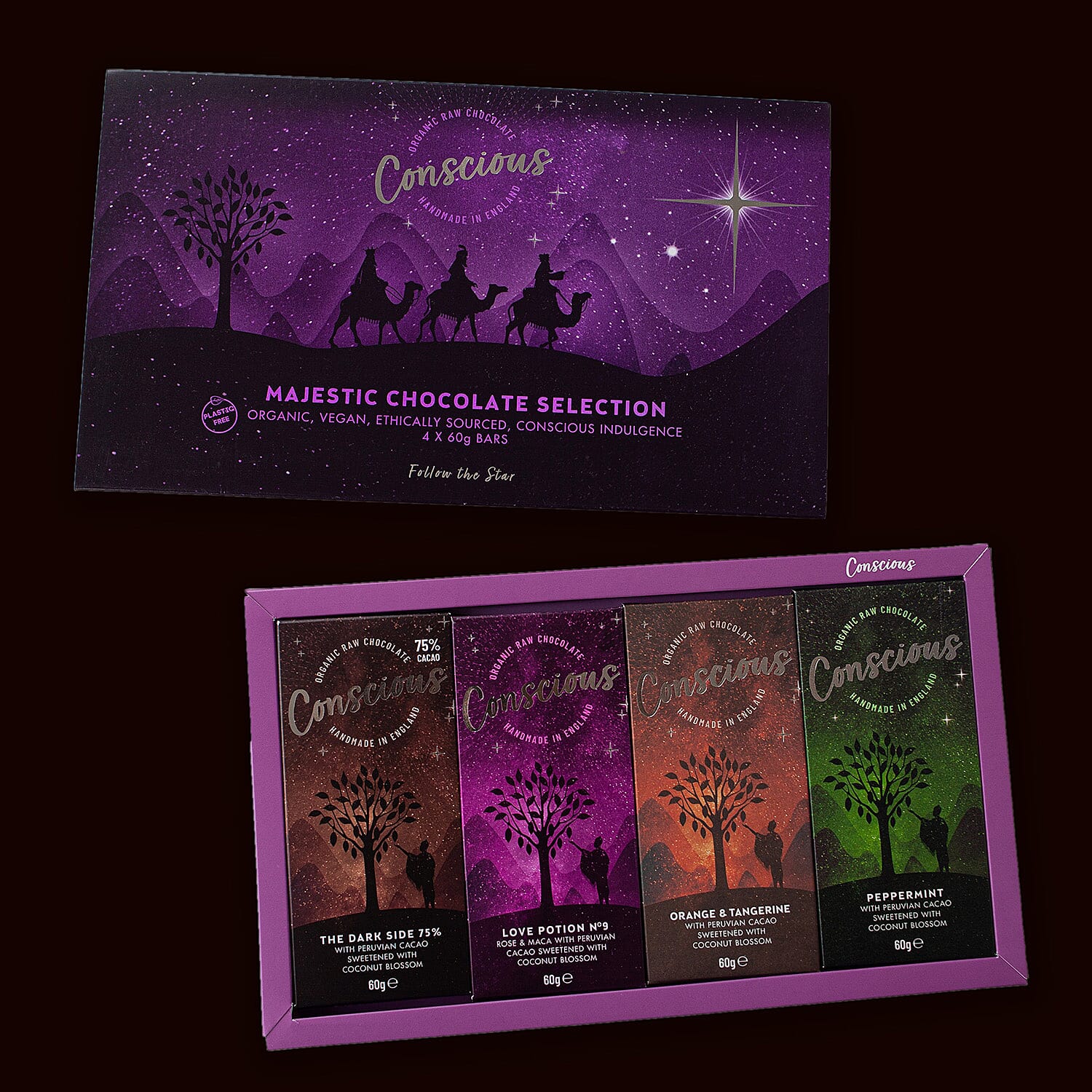 The Raw Chocolate Company Majestic Selection Box (4 x 60g Bars - Peppermint, Orange & Tangerine, Love Potion No. 9, Dark Side 75%)