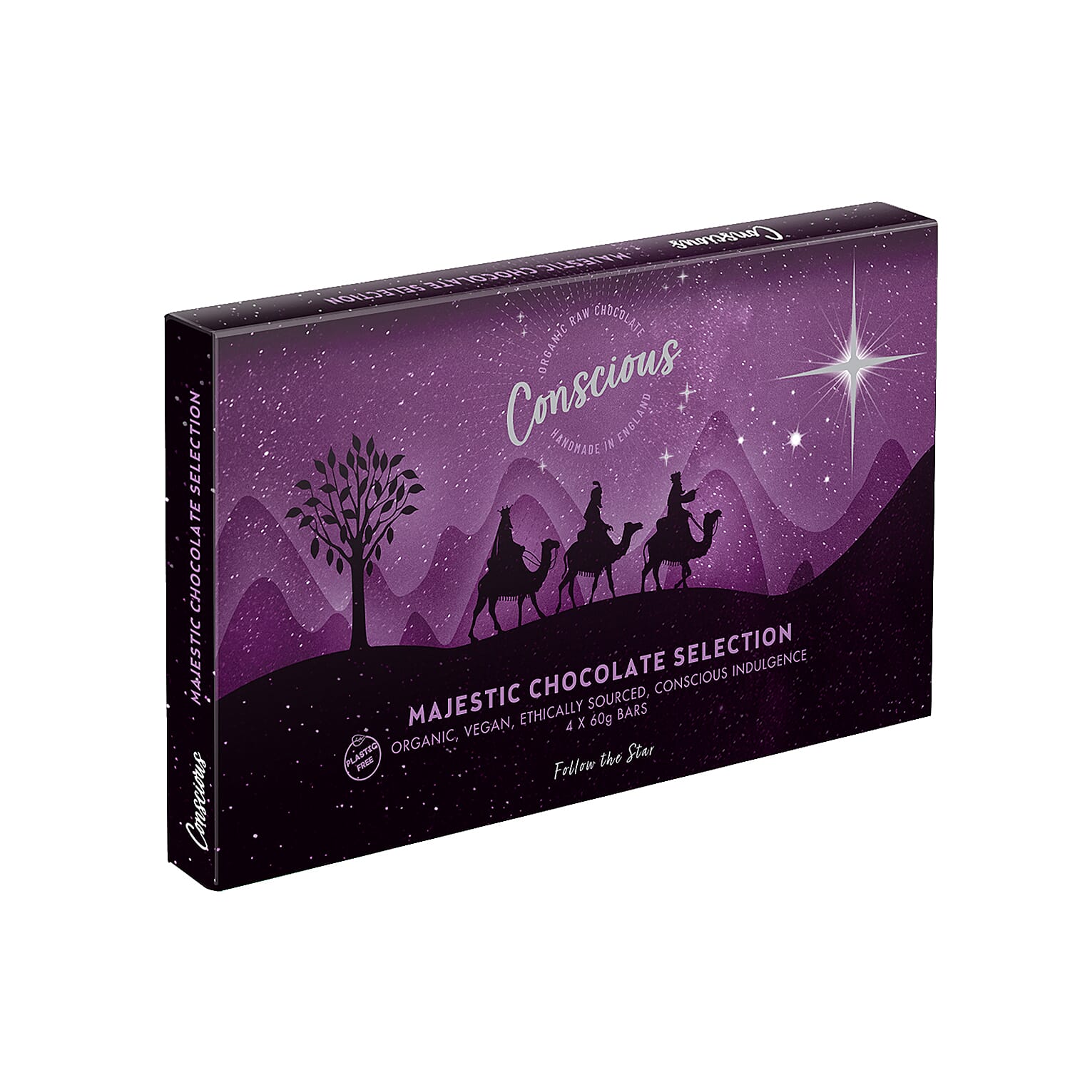 The Raw Chocolate Company Majestic Selection Box (4 x 60g Bars - Peppermint, Orange & Tangerine, Love Potion No. 9, Dark Side 75%)