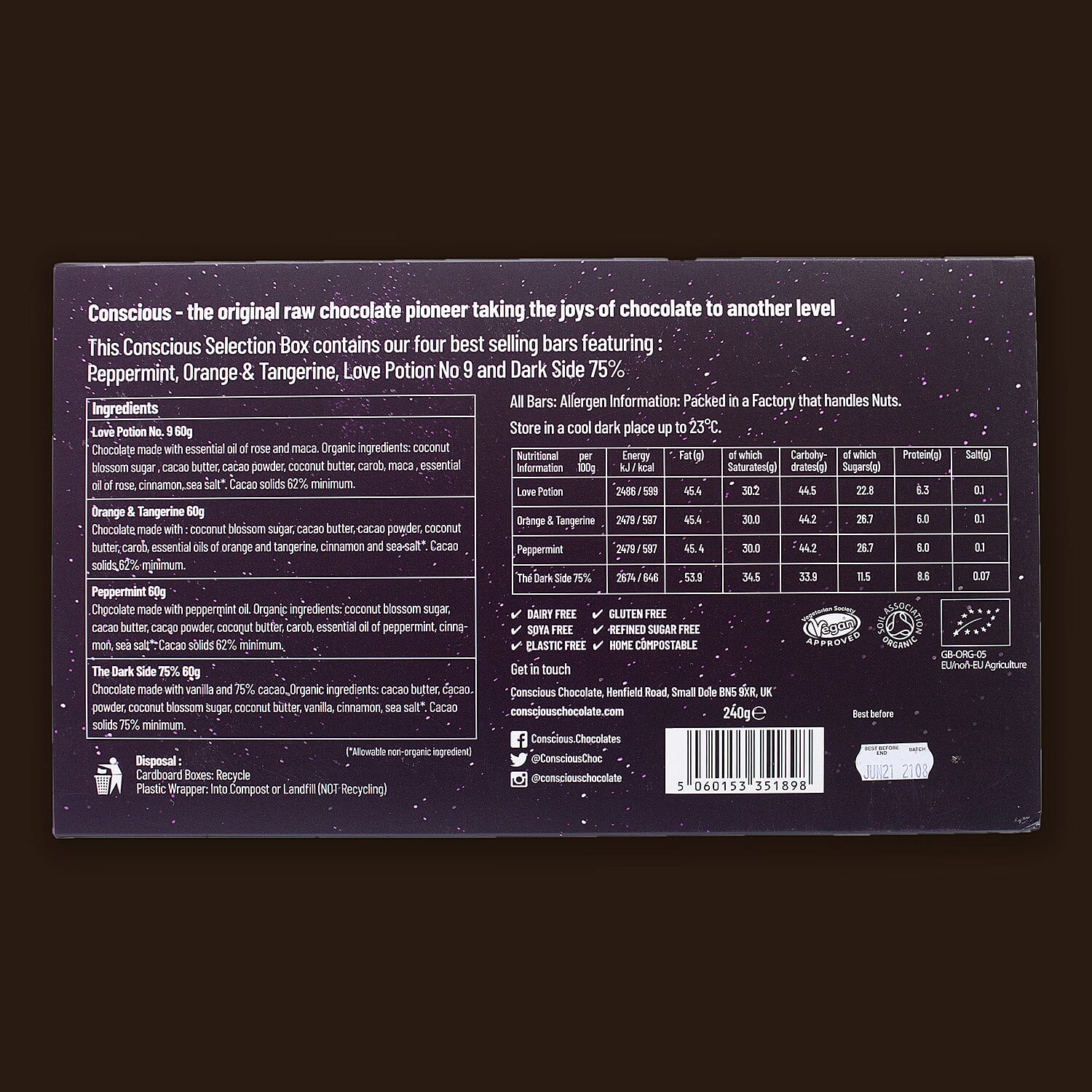 The Raw Chocolate Company Majestic Selection Box (4 x 60g Bars - Peppermint, Orange & Tangerine, Love Potion No. 9, Dark Side 75%)
