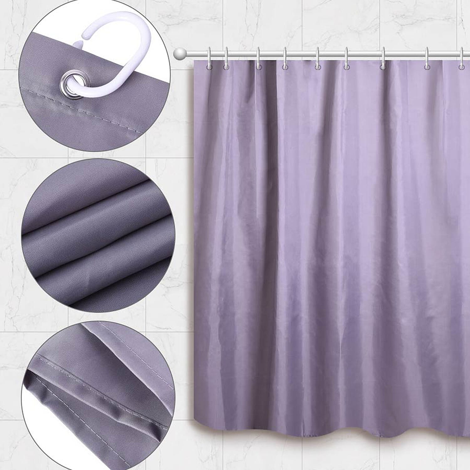 Grey Colour Waterproof Shower Curtain with 12 Hooks (180x180cm)