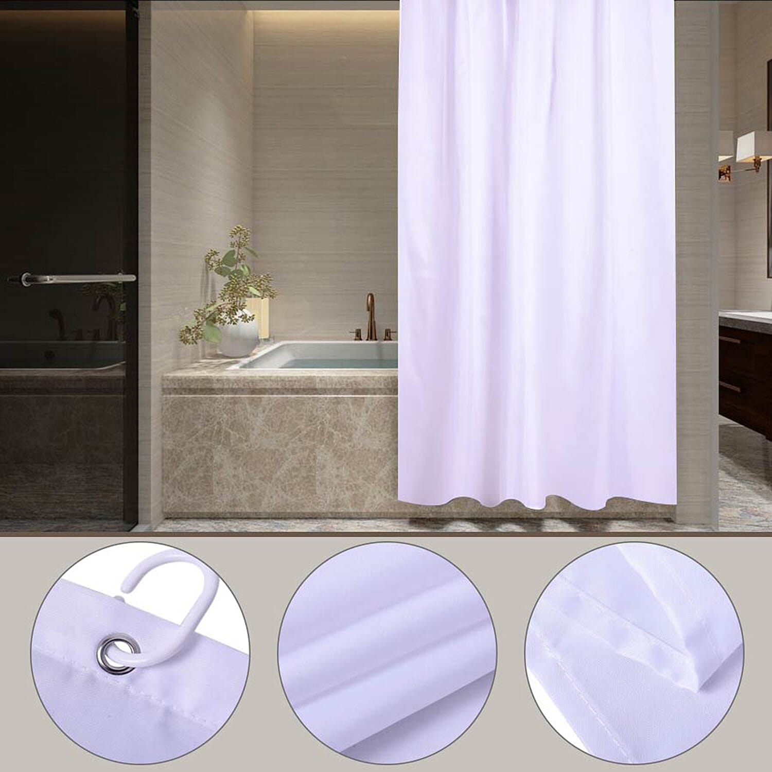 White Colour Waterproof Shower Curtain with 12 Hooks (180x180cm)