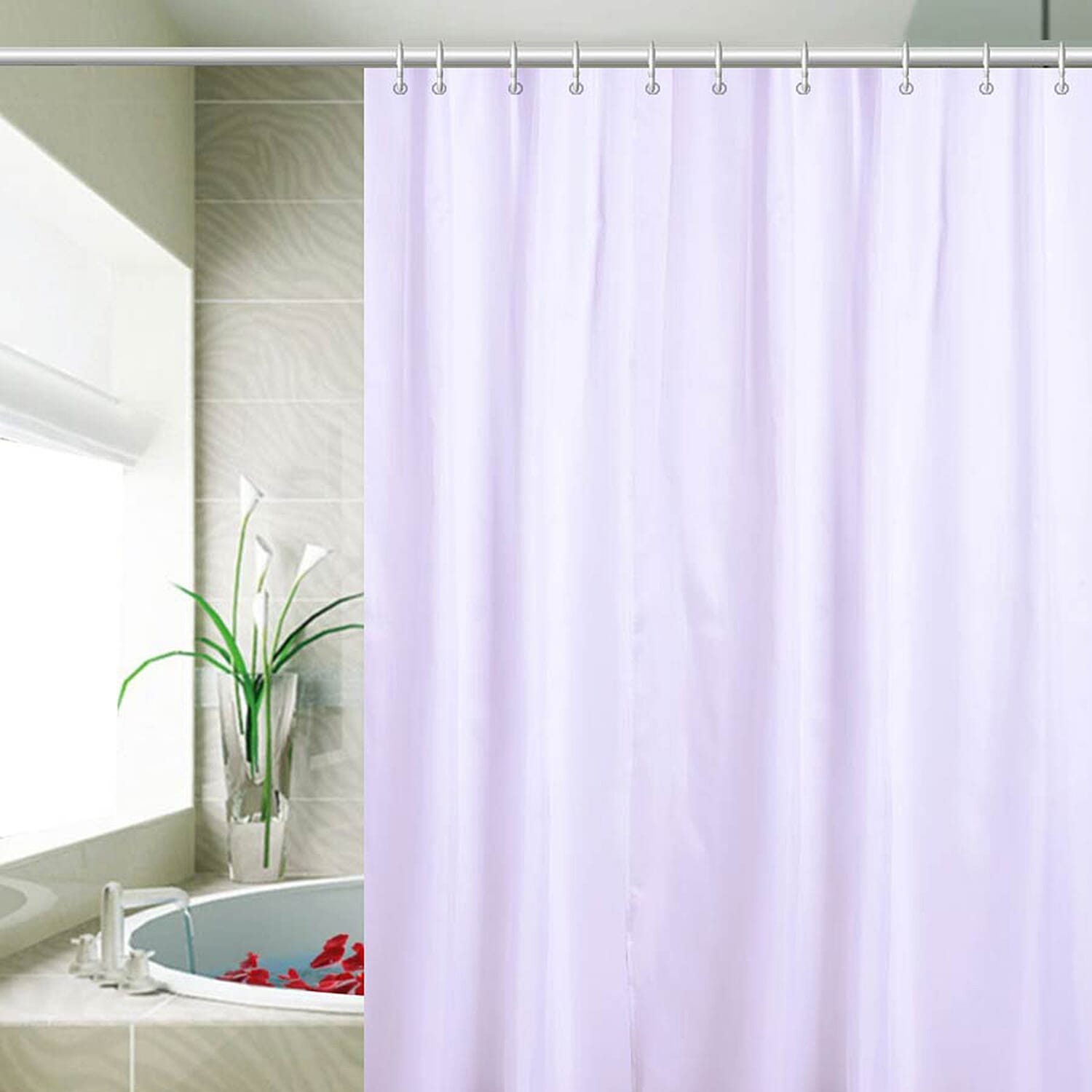 White Colour Waterproof Shower Curtain with 12 Hooks (180x180cm)