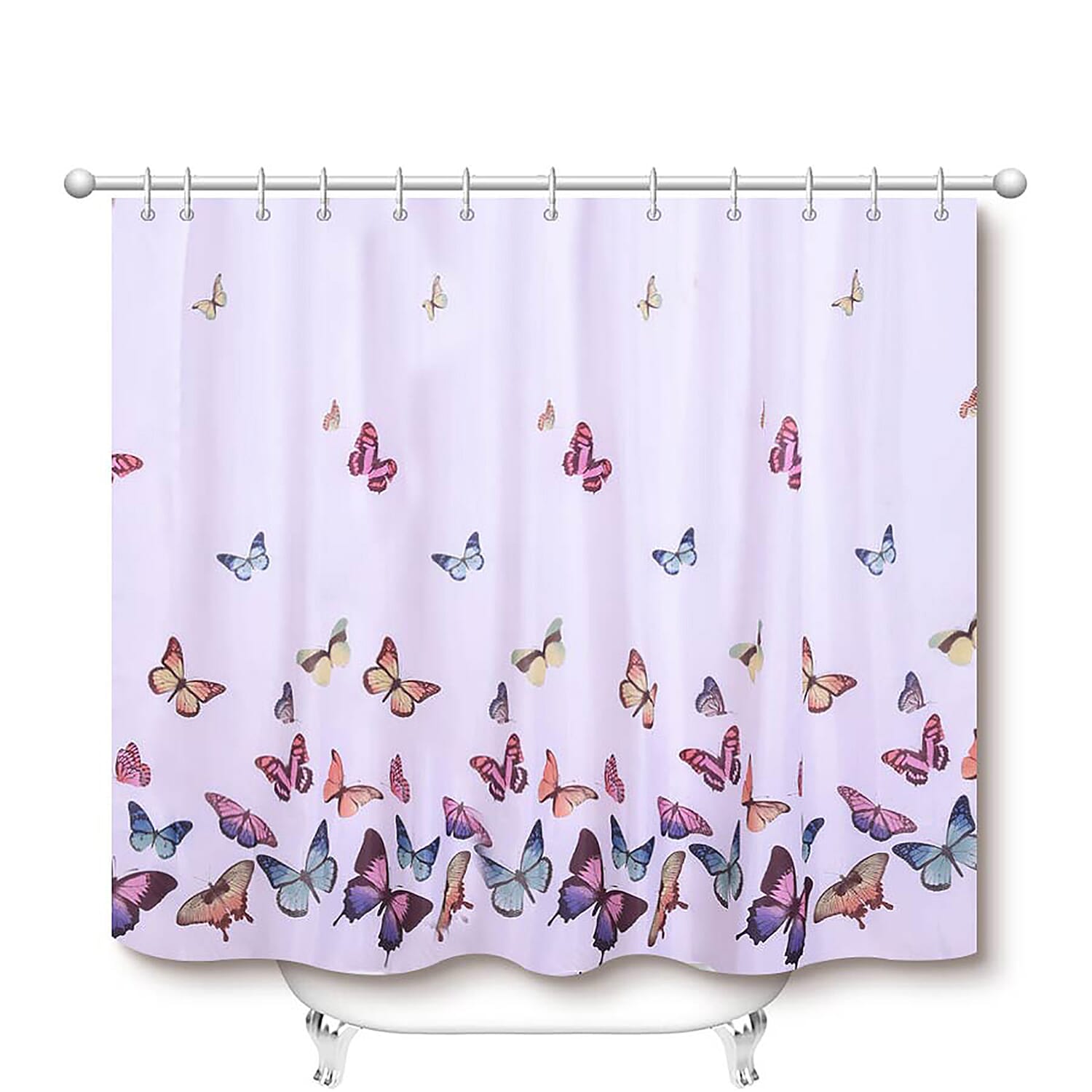 White Waterproof Shower Curtain with Butterfly Pattern and 12 Hooks (180x180cm)