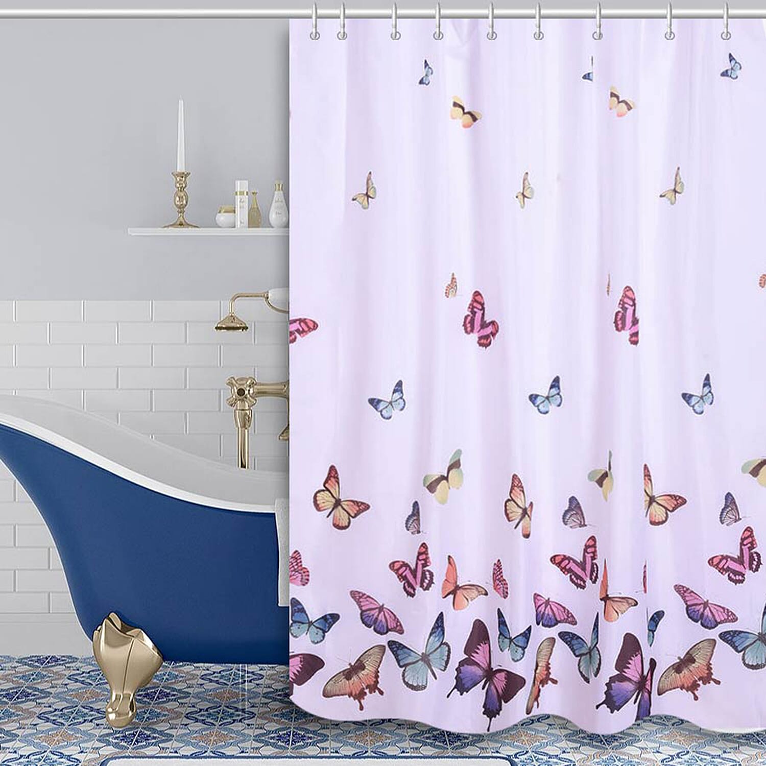 White Waterproof Shower Curtain with Butterfly Pattern and 12 Hooks (180x180cm)
