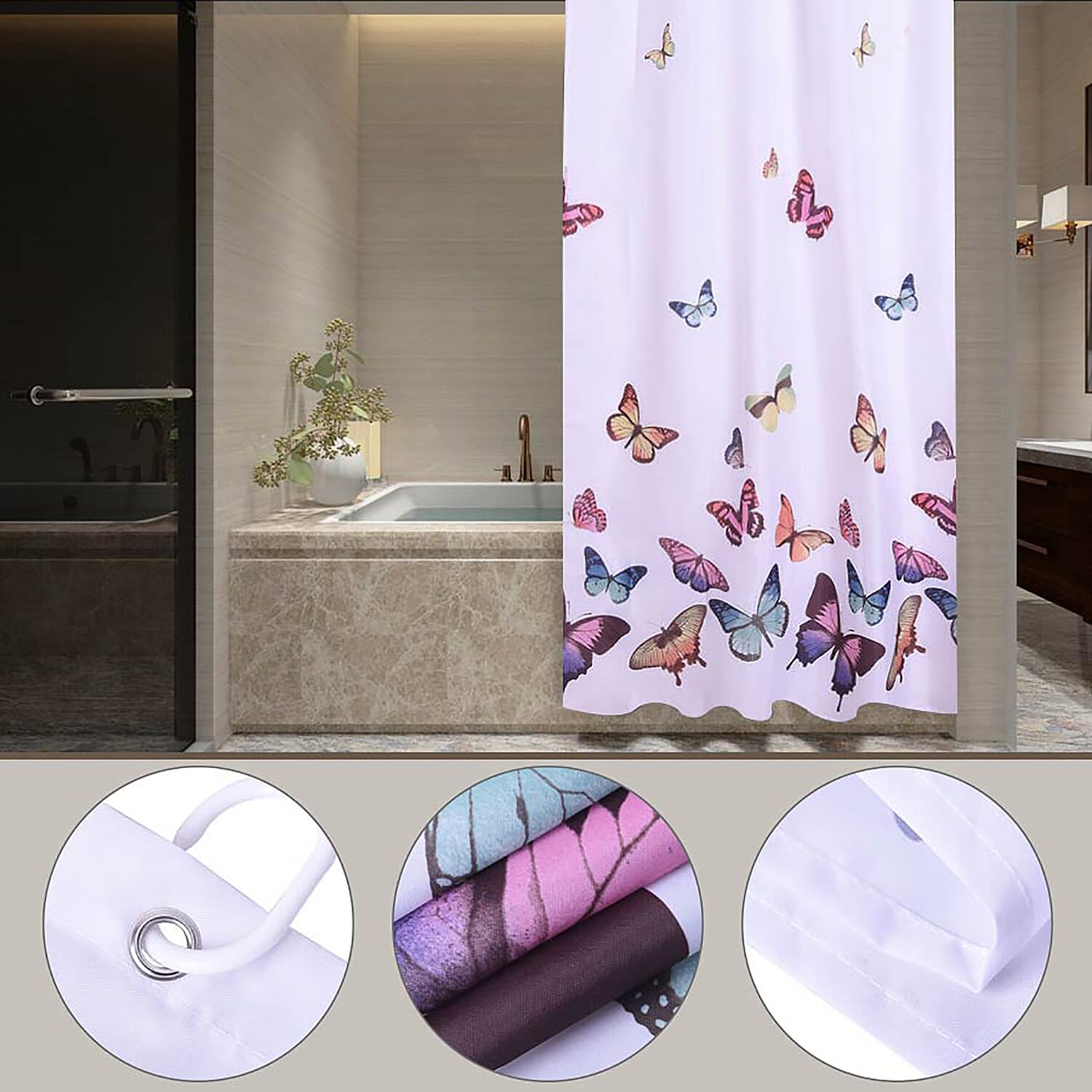 White Waterproof Shower Curtain with Butterfly Pattern and 12 Hooks (180x180cm)