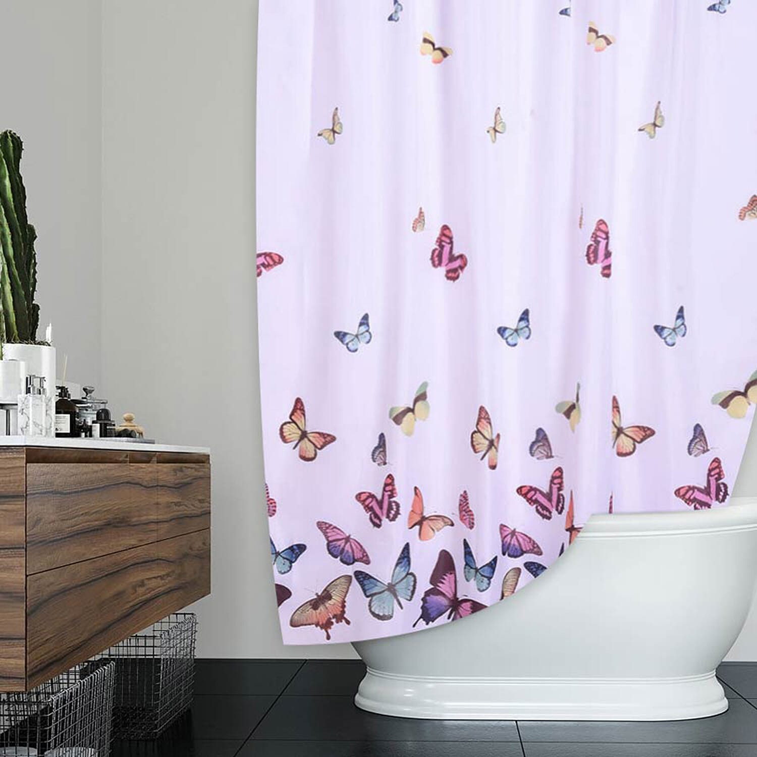 White Waterproof Shower Curtain with Butterfly Pattern and 12 Hooks (180x180cm)