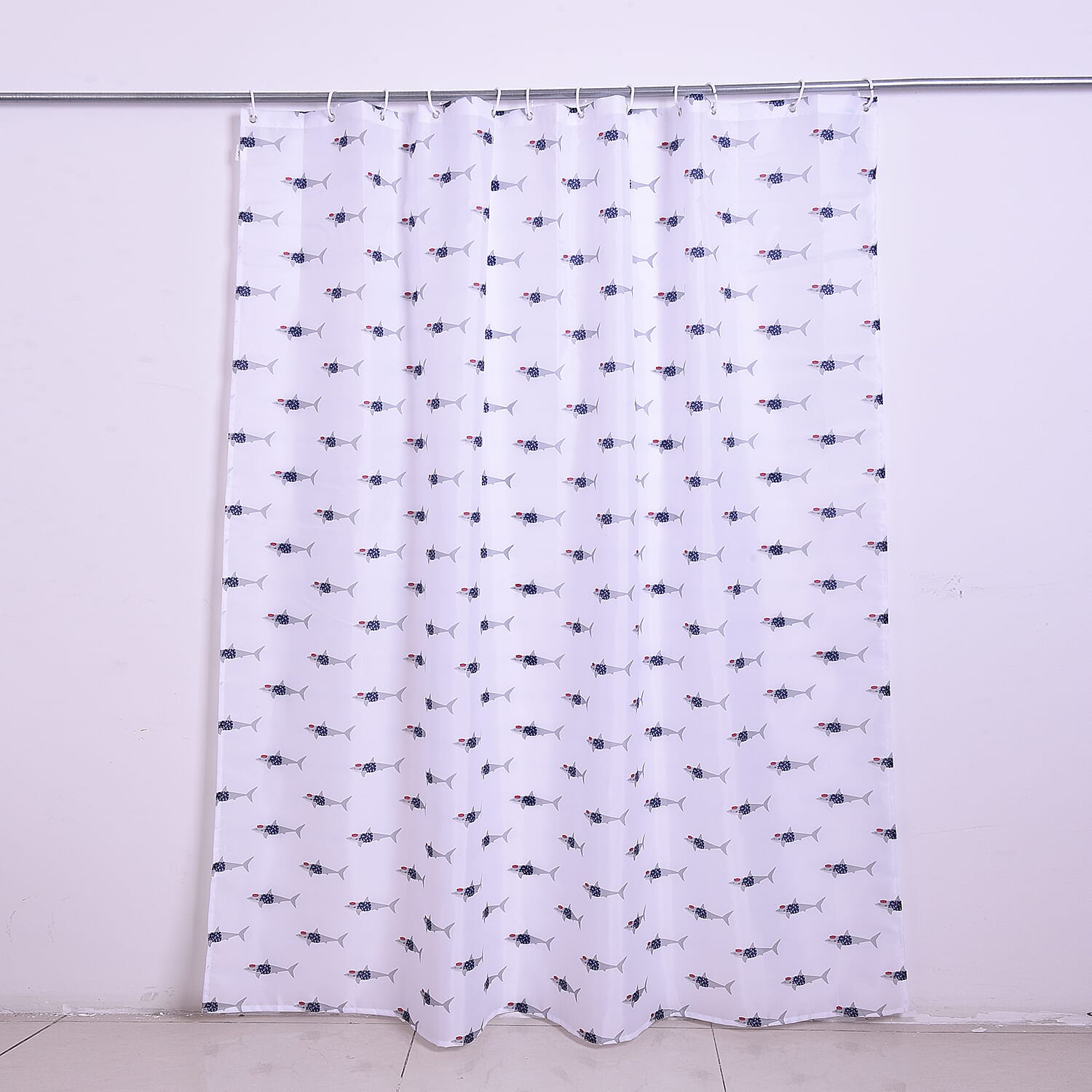 White Waterproof Shower Curtain with Shark Pattern and 12 Hooks (180x180cm)