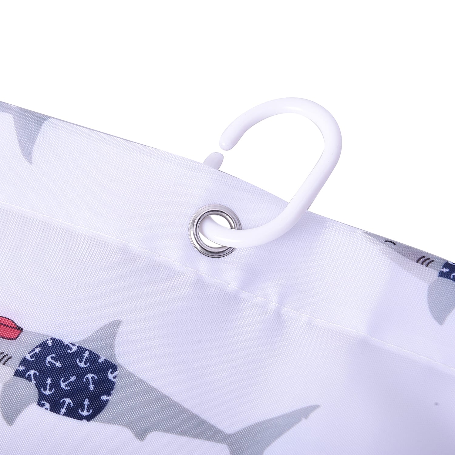 White Waterproof Shower Curtain with Shark Pattern and 12 Hooks (180x180cm)