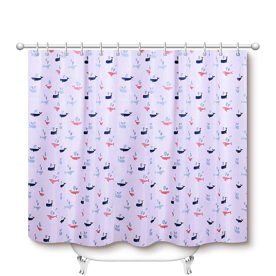 White Waterproof Shower Curtain with Multi Colour Whale Pattern and 12 Hooks (180x180cm)