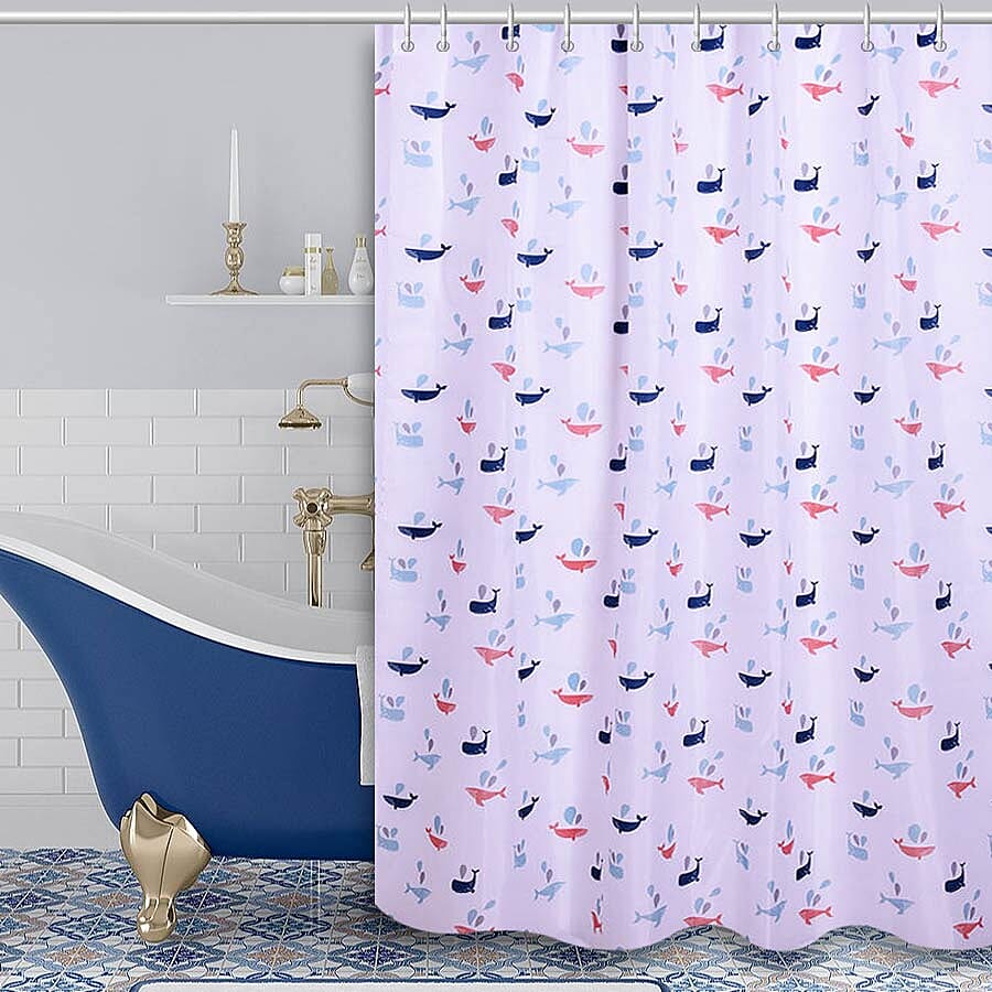 White Waterproof Shower Curtain with Multi Colour Whale Pattern and 12 Hooks (180x180cm)