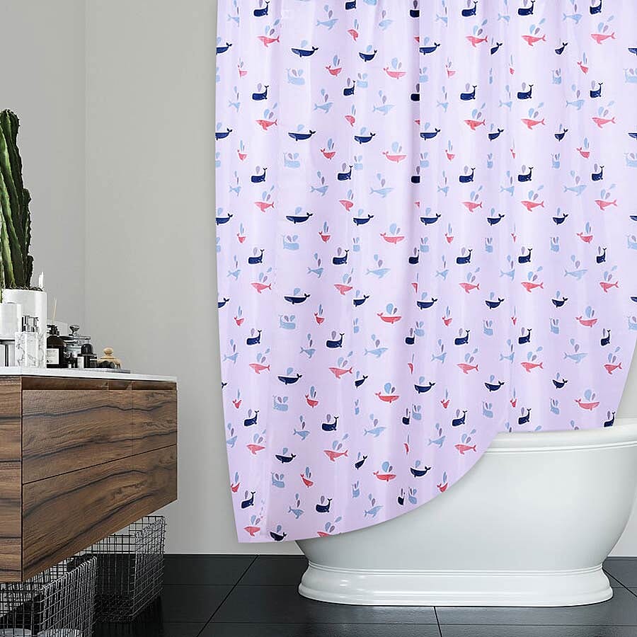 White Waterproof Shower Curtain with Multi Colour Whale Pattern and 12 Hooks (180x180cm)