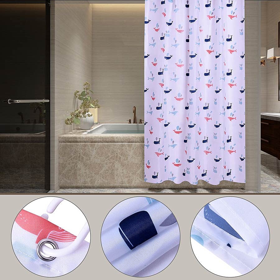 White Waterproof Shower Curtain with Multi Colour Whale Pattern and 12 Hooks (180x180cm)
