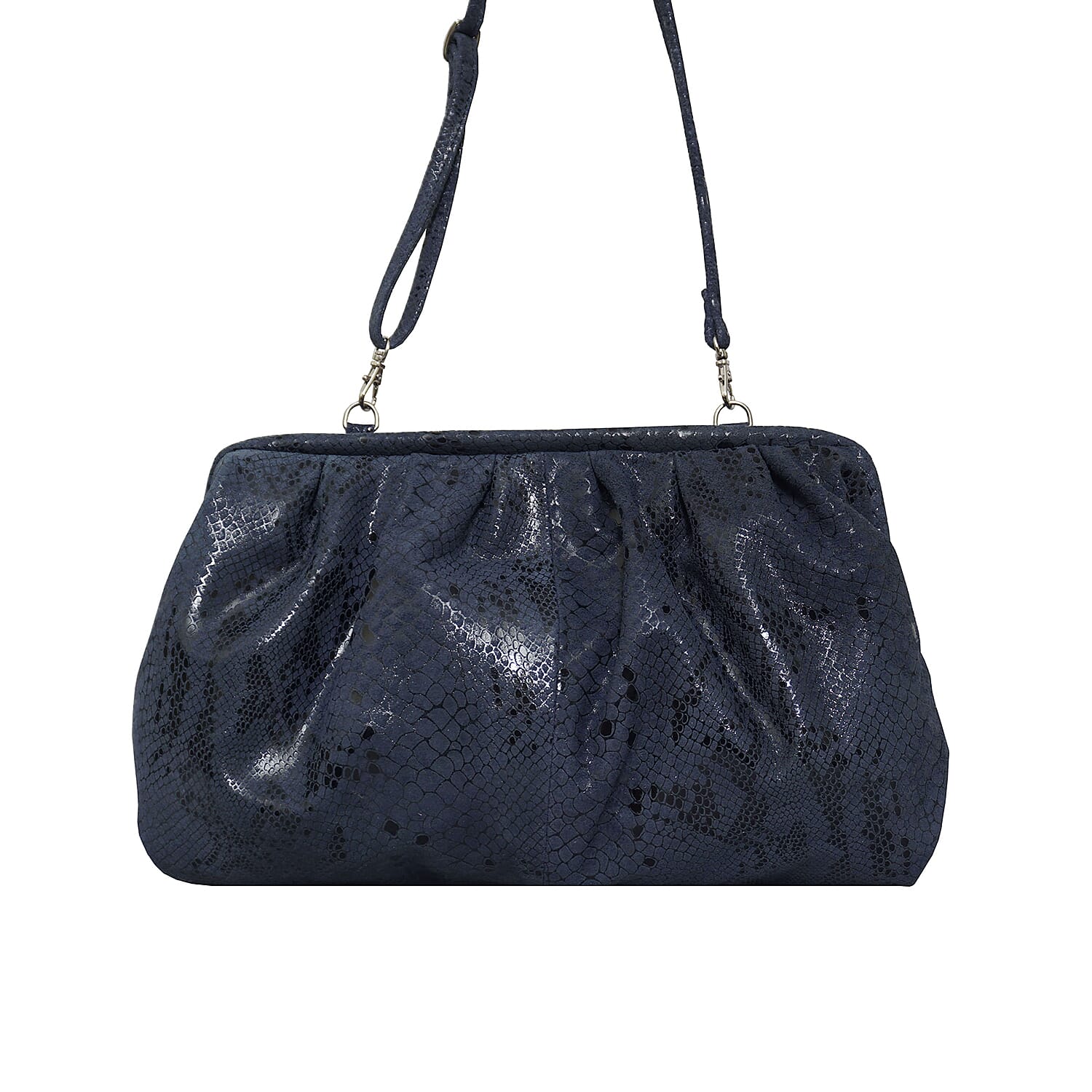 ASSOTS LONDON Harper Genuine Leather Snake Print Oversized Clutch Bag with Adjustable Shoulder Strap (Size 25x21cm) - Navy