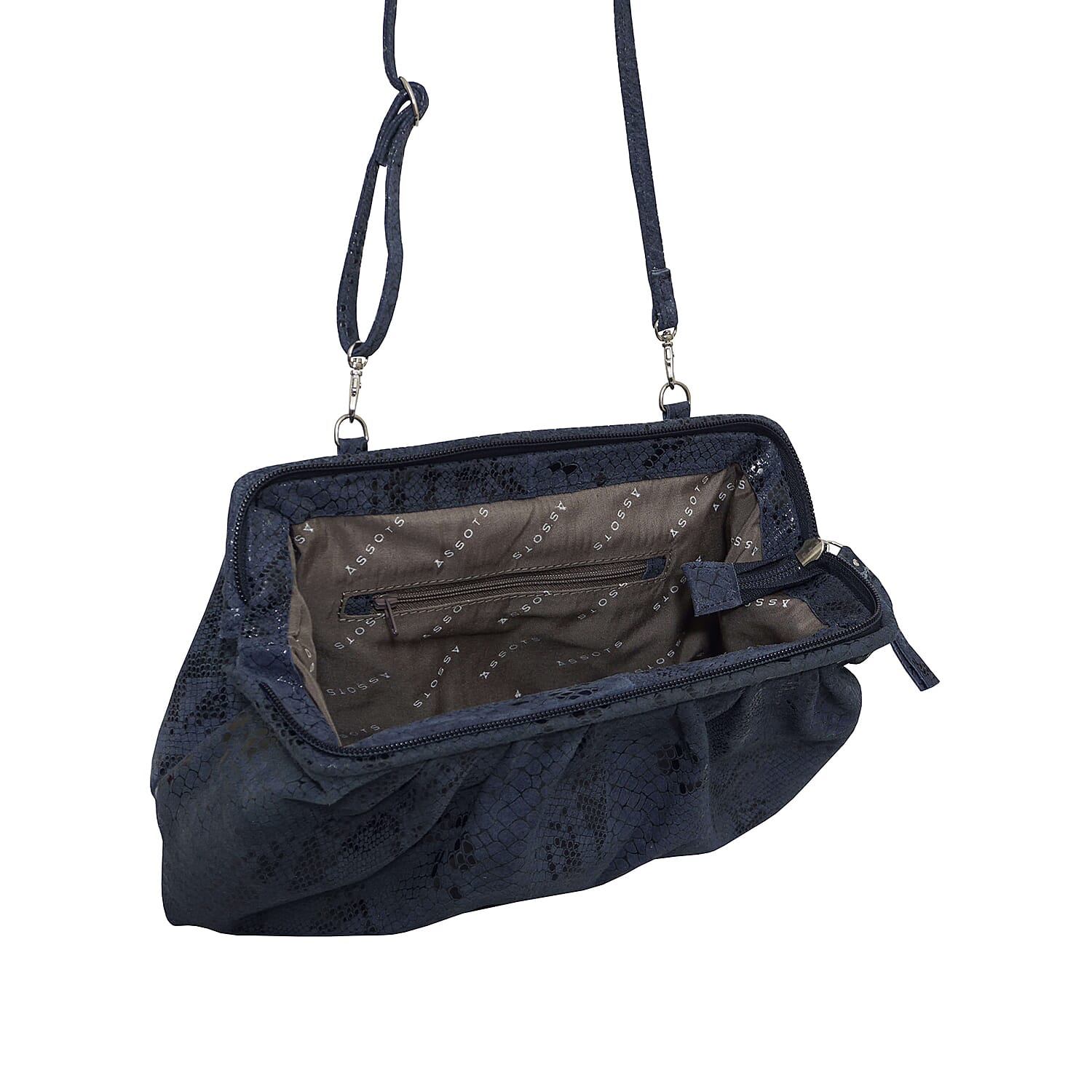 ASSOTS LONDON Harper Genuine Leather Snake Print Oversized Clutch Bag with Adjustable Shoulder Strap (Size 25x21cm) - Navy