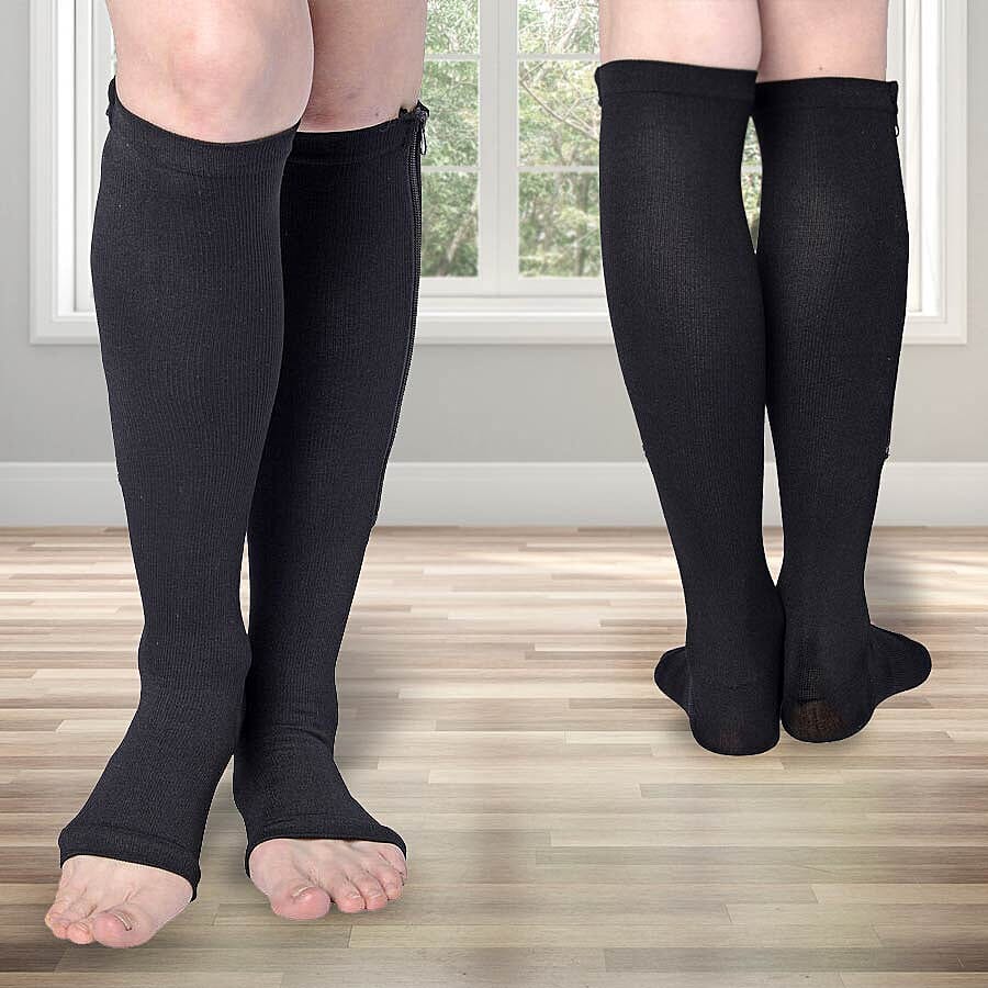 Pack of 2 Pairs Compression Zipper Socks (Size S/M - 5 to 8) - Black
