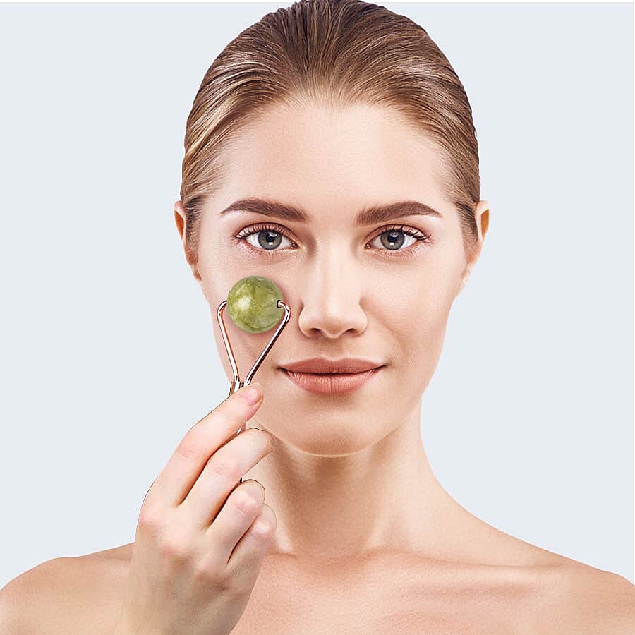 Green Jade Face Sphere Roller in Gold Tone
