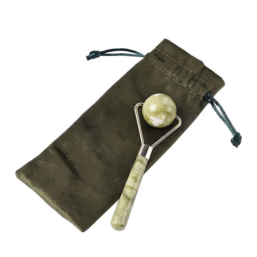 Green Jade Face Sphere Roller in Gold Tone