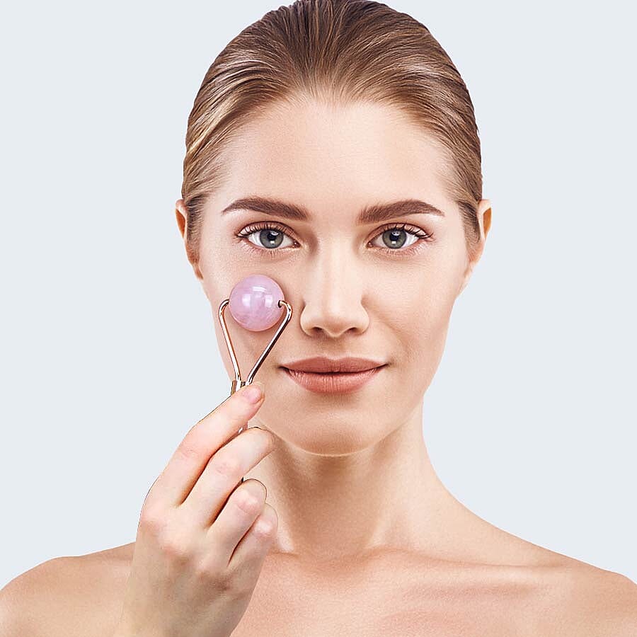 Rose Quartz Face Sphere Roller in Gold Tone