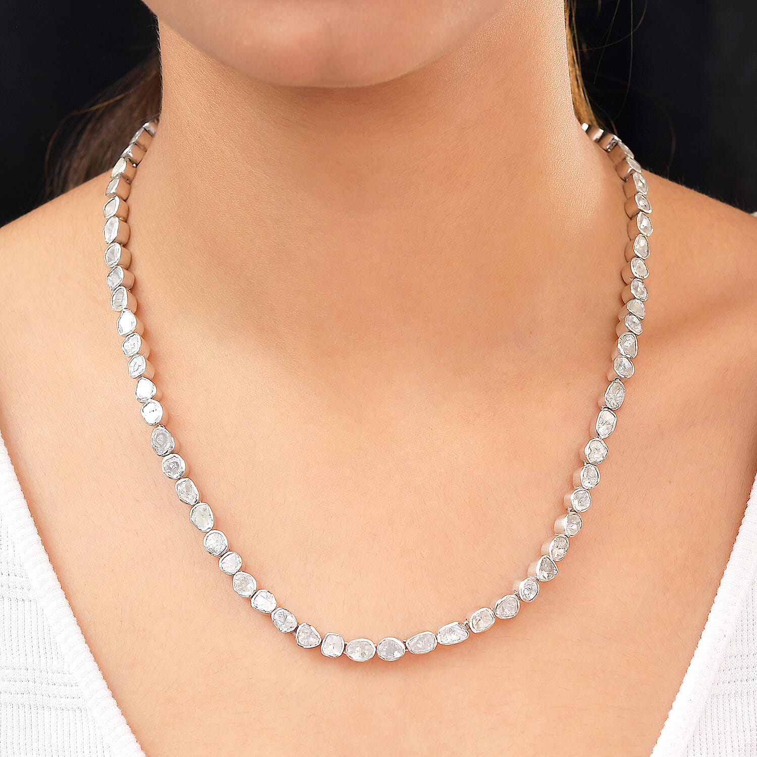 Artisan Crafted Polki Diamond Necklace (Size 18) in Platinum Overlay Sterling Silver 10.00 Ct, Silver Wt. 28.90 Gms