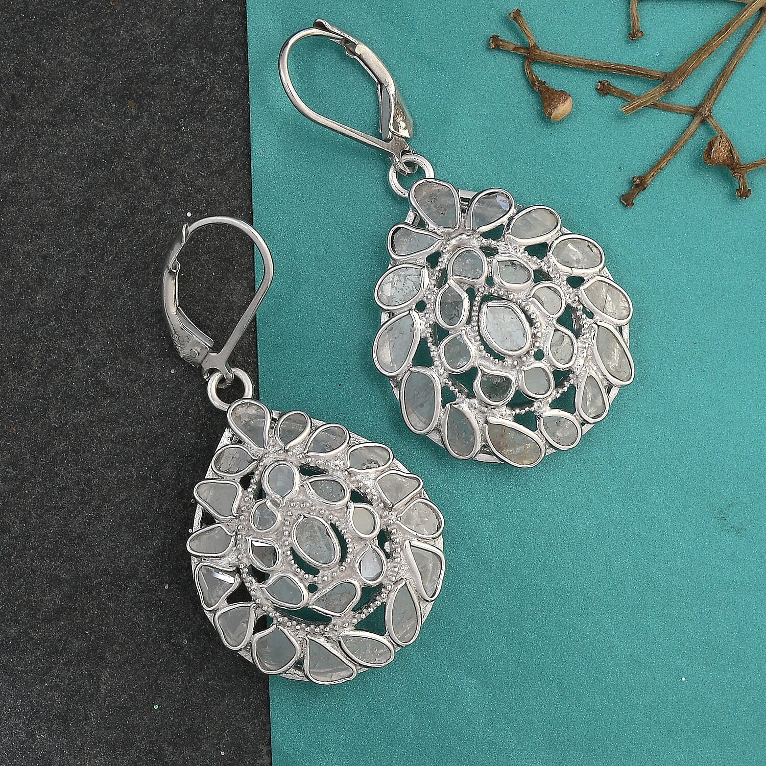 Artisan Crafted Polki Diamond Lever Back Earrings in Sterling Silver 1.430 Ct, Silver Wt. 7.32 Gms