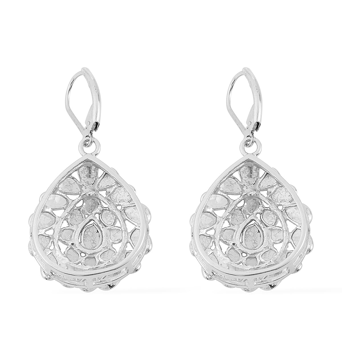 Artisan Crafted Polki Diamond Lever Back Earrings in Sterling Silver 1.430 Ct, Silver Wt. 7.32 Gms