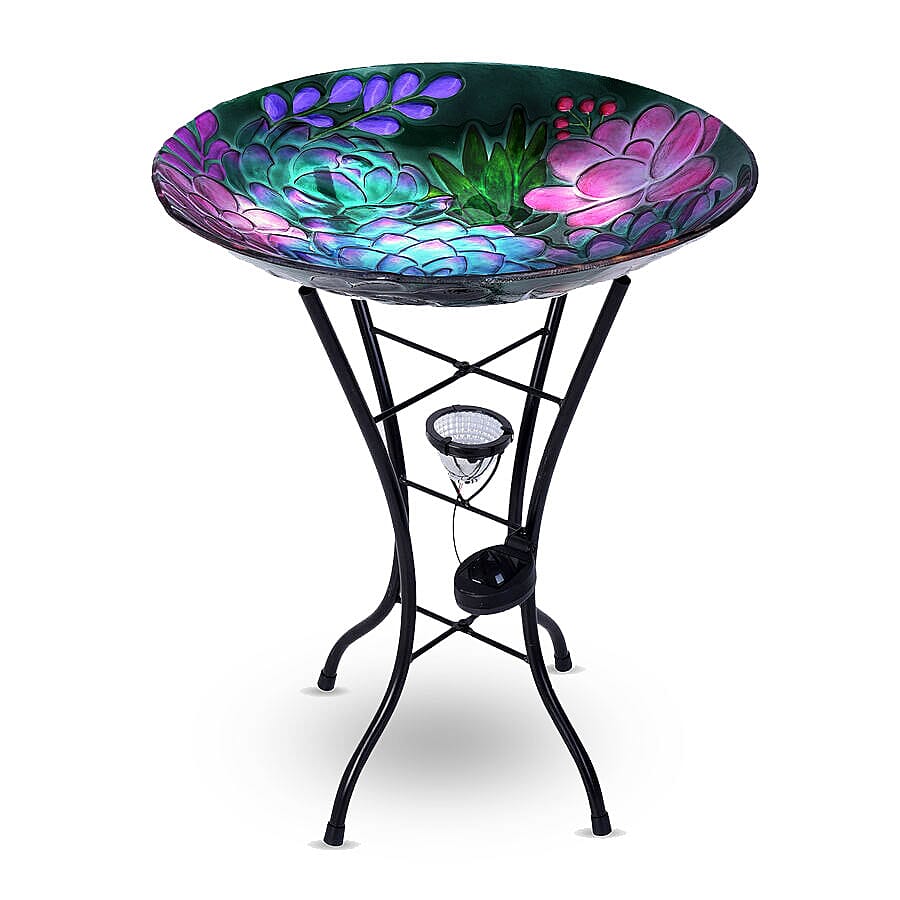 Garden Theme Flower Pattern Glass Birdbath with Solar Light in Multi (Size: 45x45x57cm)