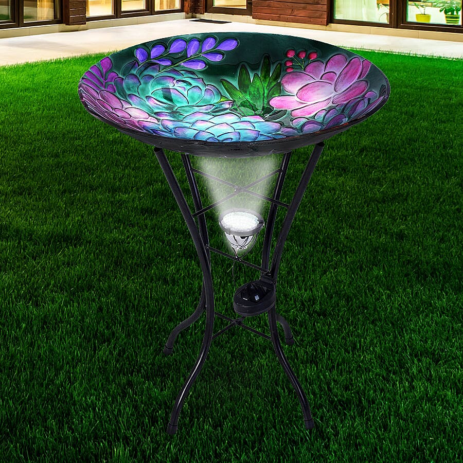 Garden Theme Flower Pattern Glass Birdbath with Solar Light in Multi (Size: 45x45x57cm)