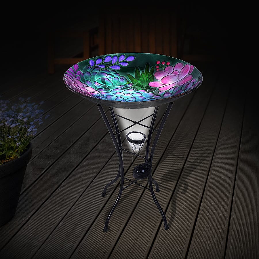 Garden Theme Flower Pattern Glass Birdbath with Solar Light in Multi (Size: 45x45x57cm)