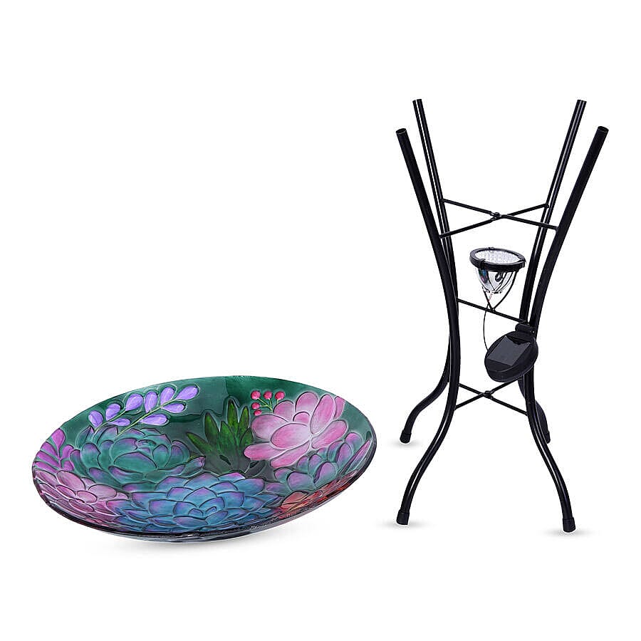 Garden Theme Flower Pattern Glass Birdbath with Solar Light in Multi (Size: 45x45x57cm)